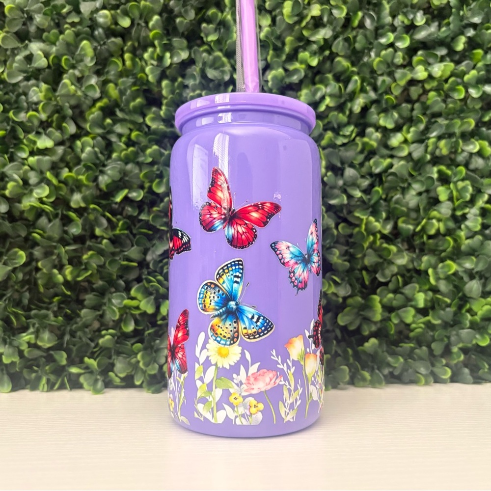 Purple Butterfly Floral 16oz plastic Libbey cup  with Straw